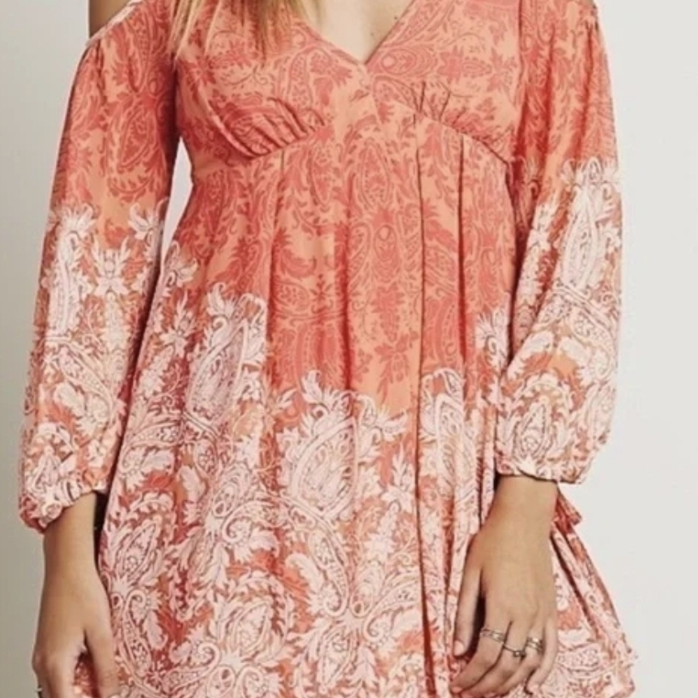 Free People Women's Coral and White Paisley Long Sleeve Dress Size M